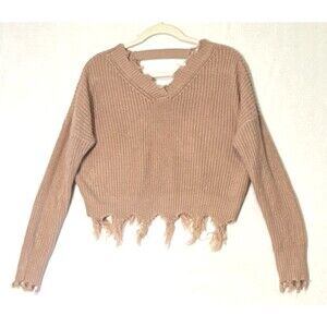 Full Circle Trends Sz M Pink Waffle Knit V-Neck Fringe Hem Cropped Sweater Fairy